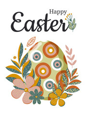 Happy Easter. One Easter painted egg with fancy flowers and leaves on the branches for the spring holiday. Vector.
