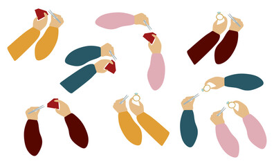 Set of Flat Hands with Gemstones and Rings. Vector Gestures in different positions. Cartoon Jeweler hand Showing, holding and representing Jewelry. Graphic Art For Card Design, Poster, Banner, Art.