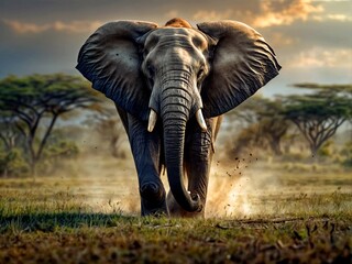 A huge elephant rushes in the savannah, kicking up dust. Beautiful, noble animal