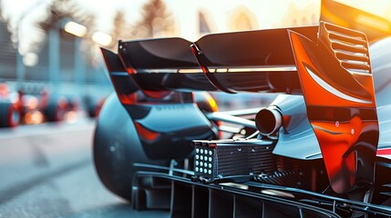 Black and orange Formula 1 race car speeding on a dynamic racetrack