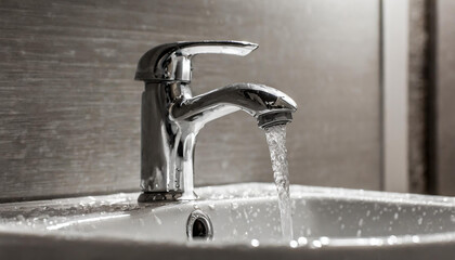 Close-up of water faucet with water drops. Bathroom interior.