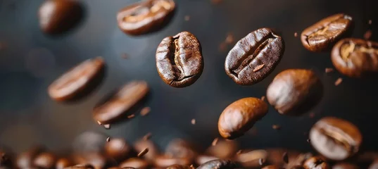 Foto op Plexiglas Roasted coffee beans in levitation on black background  a dynamic display of flying coffee beans © Eva