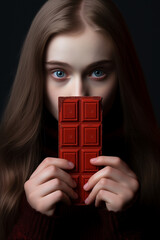 A pretty brunette woman holding a bar of chocolate and looking at you. A portrait of a white teenage girl with a sweet tooth. AI-generated