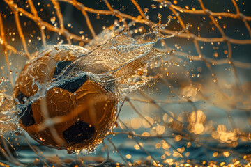 Fototapeta premium Soccer ball captured in the moment of impact with the net, creating a splash of water droplets in a backlit scene.