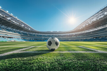 Close-up of a soccer ball on the lush green grass of a stadium, with the stands and bright sunlight in the background.