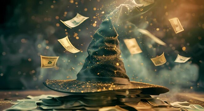A wizard hat that creates money out of thin air, symbolizing effortless wealth creation.