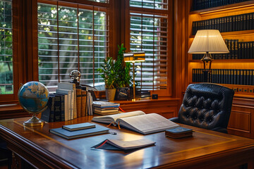 An elegant study room with a globe, books, and a desk with a leather chair.