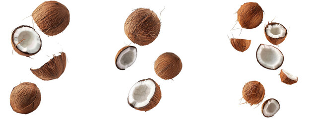 Set of Falling coconut, isolated on white background, full depth of field, clipping path