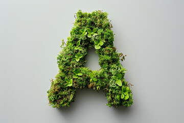 The letter 'A' artistically created from vibrant green moss and lichen against a neutral background, representing nature and sustainability.. - obrazy, fototapety, plakaty