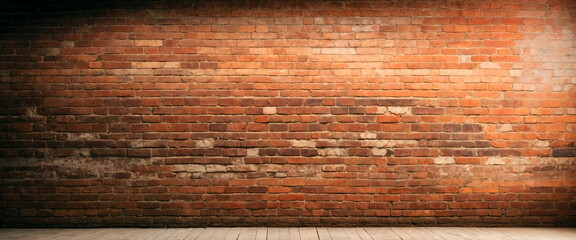 The background and texture of old red brick and wooden floors in some places are highlighted in the loft style. Panorama. - obrazy, fototapety, plakaty