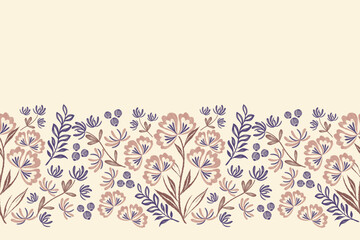 Floral ditsy pattern seamless embroidery background border. Pink blue Flower motif vintage minimal style vector illustration hand drawn