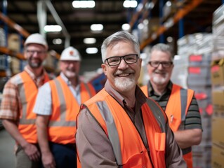 Fototapeta premium Engineers in orange vests and hard hats smile in a warehouse