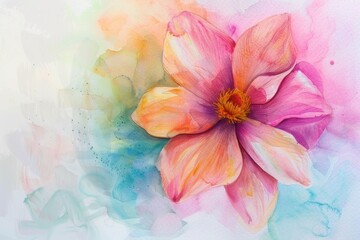 Handdrawn, watercolor painting of a random flower in closeup, using a palette of soft pastels to emphasize beauty