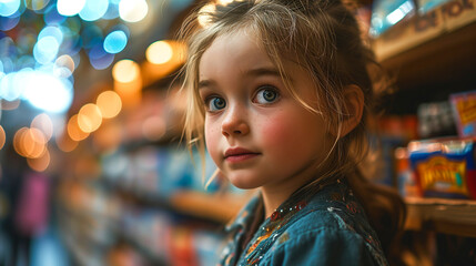 Young child gazing with curiosity at toy shelves in a store. Childhood wonder and shopping concept with bokeh lights for design and print. - obrazy, fototapety, plakaty