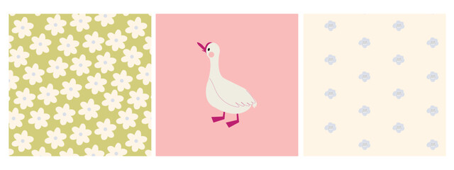 Set of print with white goose and floral patterns.  Spring. Easter
