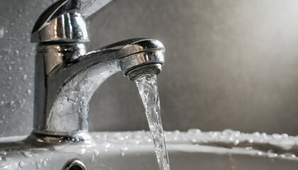 Close-up of water faucet with water drops. Bathroom interior.