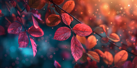 Herbstblätter rot und orange im Gegenlicht Nahaufnahme, ai generativ