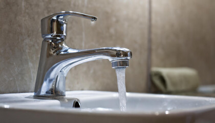 Close-up of water faucet with water drops. Bathroom interior.