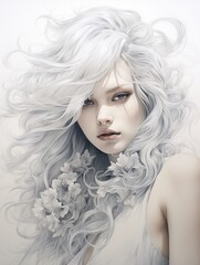 Snowy hair, solo white lily, pure white and soft grey duotoned portrait