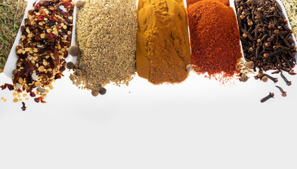Various spice on isolated white background. Vibrant colors and rich textures, Aromatic spices create a symphony of sights, smells, and tastes.