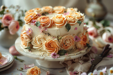 A vanilla layer cake elegantly decorated with soft pink roses and petals, presenting a slice of romance on a plate.