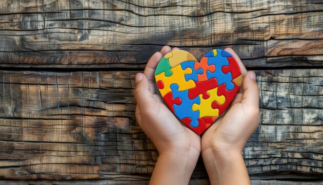 Cupped hands presenting a colorful heart-shaped puzzle, symbolizing love, support, and autism awareness.