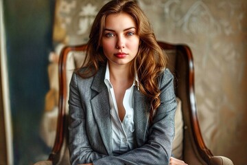Portrait of a beautiful young woman in a gray jacket on a vintage chair
