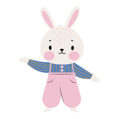 Cute hare in pink pants and a blue shirt.Funny animals