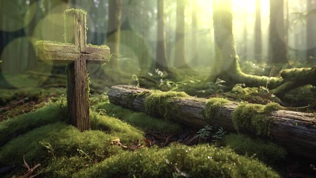 Traverse the tranquil depths of the forest where an aged grave monument stands in silent contemplation, its mossy cross a symbol of the eternal bond between past, present, and future in stunning 4K