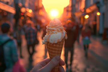 A hand holding an ice cream cone on a blurred background of a street with people at sunset - obrazy, fototapety, plakaty