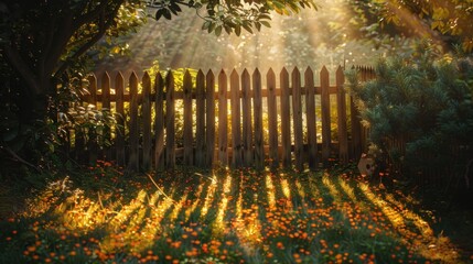 Enchanted Garden at Sunset with Magical Light A captivating garden scene with sunlight filtering through a wooden fence, illuminating flowers and plants in a mystical display.