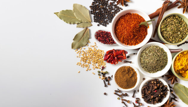 Various spice on isolated white background. Vibrant colors and rich textures, Aromatic spices create a symphony of sights, smells, and tastes.