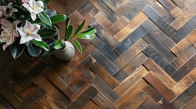 Elegant Herringbone Wood Floor with Potted Plants Overhead view of a stylish herringbone pattern wood floor with a decorative vase and potted plants, showcasing interior elegance.