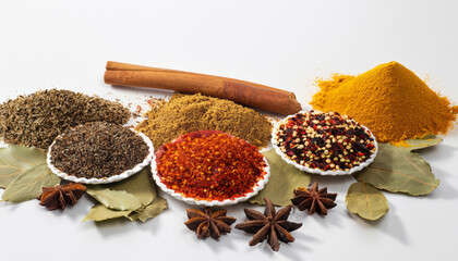 Various spice on isolated white background. Vibrant colors and rich textures, Aromatic spices create a symphony of sights, smells, and tastes.
