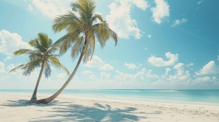 Fototapeta na wymiar Golden palms cast long shadows on serene, deserted tropical shoreline - tranquil beachscape scene