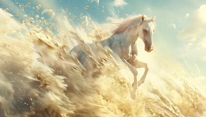 Dynamic White Horse Running in Golden Sandstorm on Bright Sunny Day