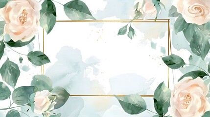 Whimsical watercolor floral frame with aquamarine highlights and golden detailing
