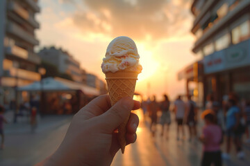 A hand holding an ice cream cone on a blurred background of a street with people at sunset