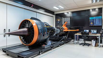 A wind tunnel with a model plane inside, visualizing wind tunnel testing and fluid dynamics, against a laboratory setting - Powered by Adobe