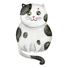 Cute cat with black spots. Hand drawn watercolor illustration of sweet home pet with smiling face isolated on white background. Graphic for fabric, print, greeting card, stickers, poster