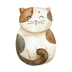Cute spotted cat. Hand drawn watercolor illustration of sweet home pet with smiling face isolated on white background. Graphic for fabric, print, greeting card, stickers, poster