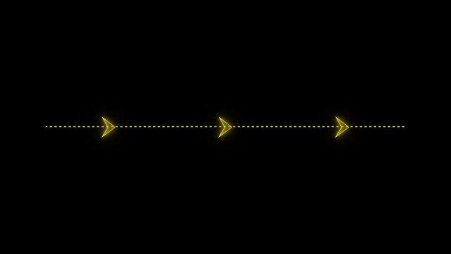 Yellow luminous directional arrow moving forward on dotted line,alpha channel