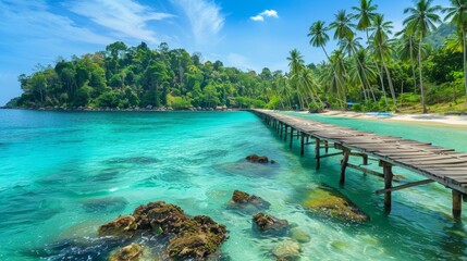 Fototapeta premium Enchanting tropical beach scenery on bel mare, mauritius island: vibrant coastal beauty with azure waters and lush greenery, perfect vacation escape