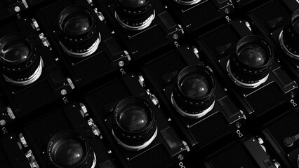 Camera lens flat lay old vintage retro film black white photography background 3d illustration render digital rendering - 768935857