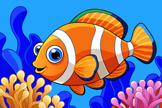 clown-fish-in-a-blue-sea-water-surrounded-by-coral. vector illustration