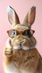 Cool easter bunny rabbit wearing sunglasses giving thumbs up on pastel background