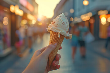 A hand holding an ice cream cone on a blurred background of a street with people at sunset