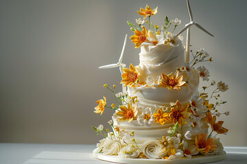 A nature-inspired cake with wind turbine toppers and solar panel accents, nestled among fresh flowers and greenery..