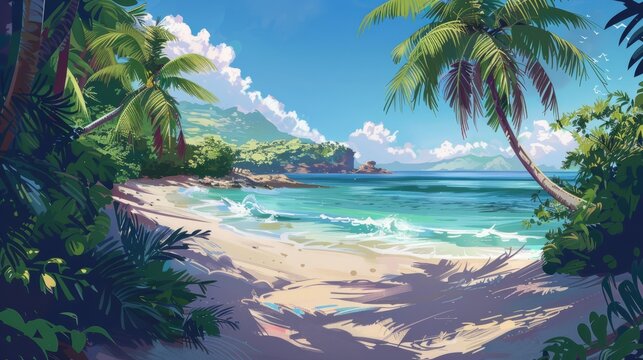 Enchanting sunset scene: mysterious figure crosses deserted tropical beach at dusk, invoking intrigue and suspense