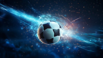 soccer ball with lightning flying on night sky, dark blue background, sports and technology concept